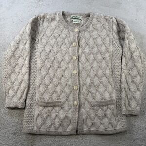 Vintage Aran Crafts Cardigan Womens Small Taupe Merino Wool Cable Knit Ireland